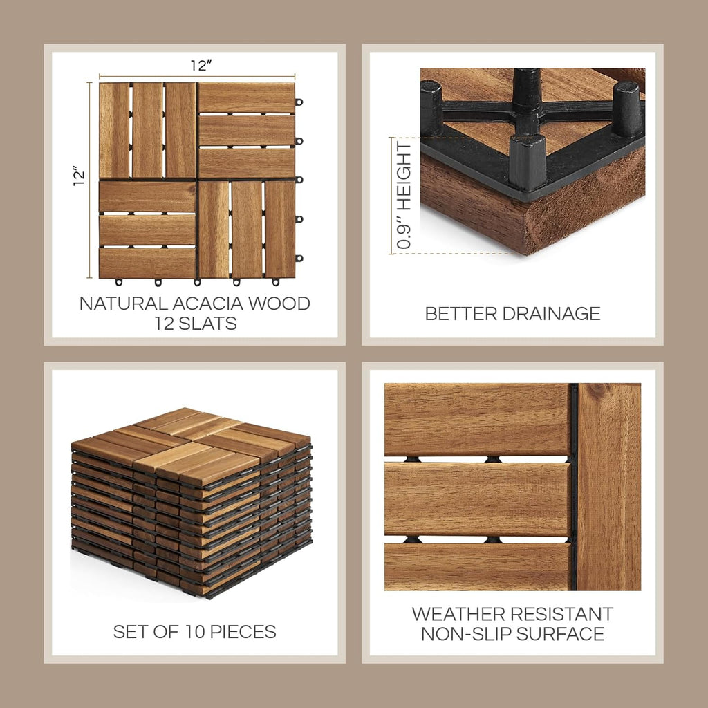 Premium Deck Tiles, Patio Flooring - Set 10 Pcs 12”x12”x0.9” Interlocking Deck Tiles, Waterproof Acacia Wood for