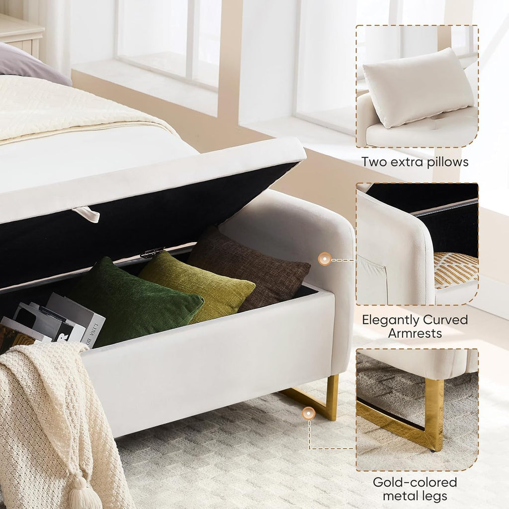 65" End of Bed Storage Bench, Velvet Storage Bench , Bed Bench with Storage, Tufted Upholstered and Gold Legs