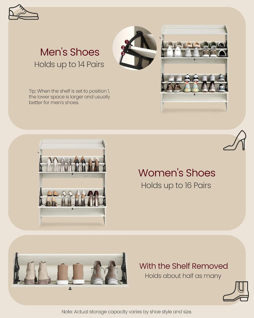 Shoe Storage Cabinet Organizer with 2 Flip Drawers, Freestanding Narrow Shoe Rack Cabinet , Farmhouse Style, Fits 14