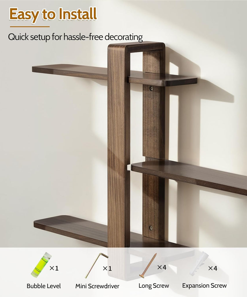 Floating Shelves for Wall Walnut Shelf Unit Mid Century Modern Decor | 3 Tier 20in Adjustable Shelving, Decorative