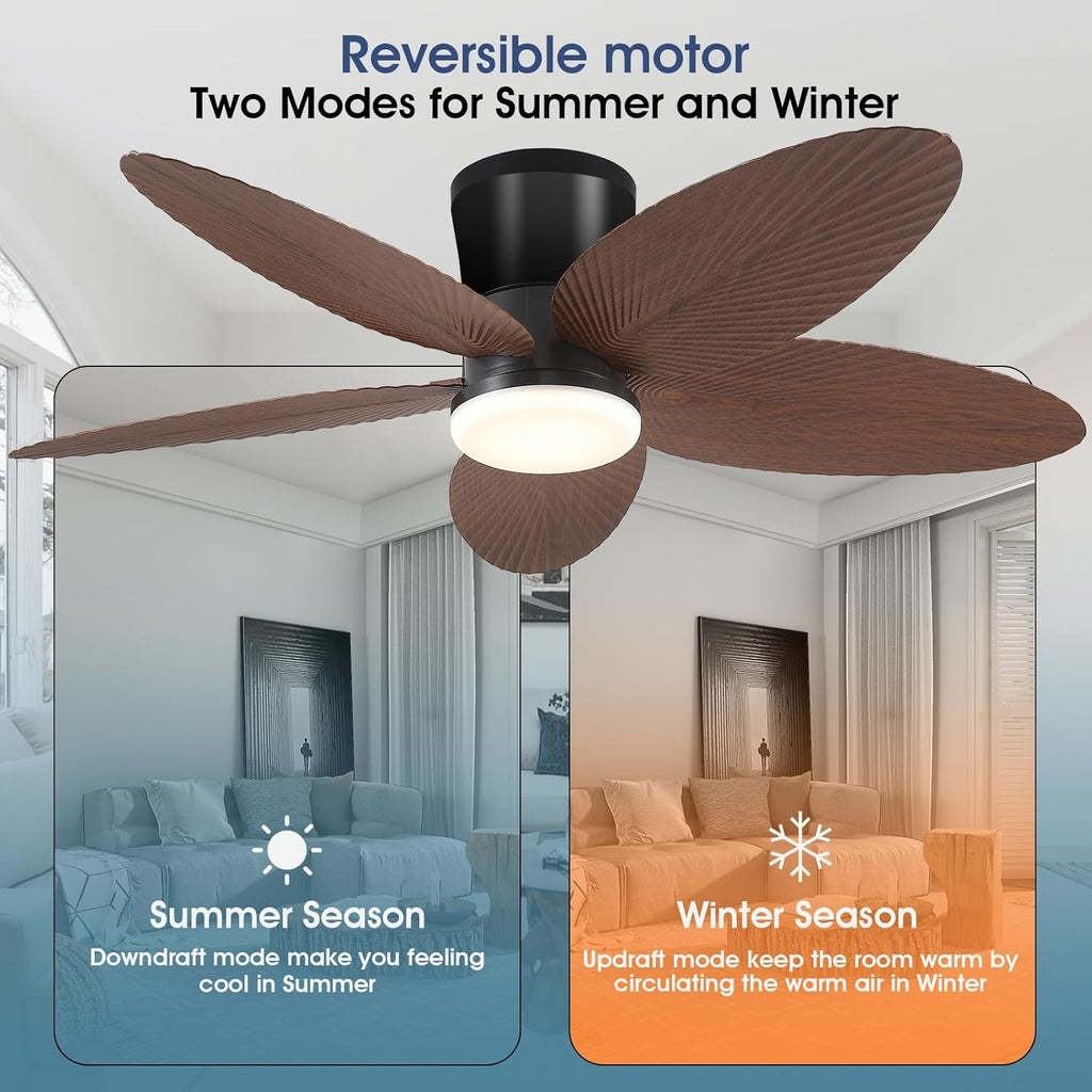 Palm Leaf Ceiling Fans with Lights-42 Tropical Ceiling Fan with Light and Remote/APP Control,Flush Mount Low Profile Ceiling Fans for Bedroom,Indoor/Outdoor Patio Use(Brown)