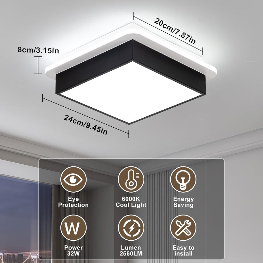 Modern Led Ceiling Light, 6000K Small Flush Mount Ceiling Light Fixture, Square Black Hallway Lighting Fixtures
