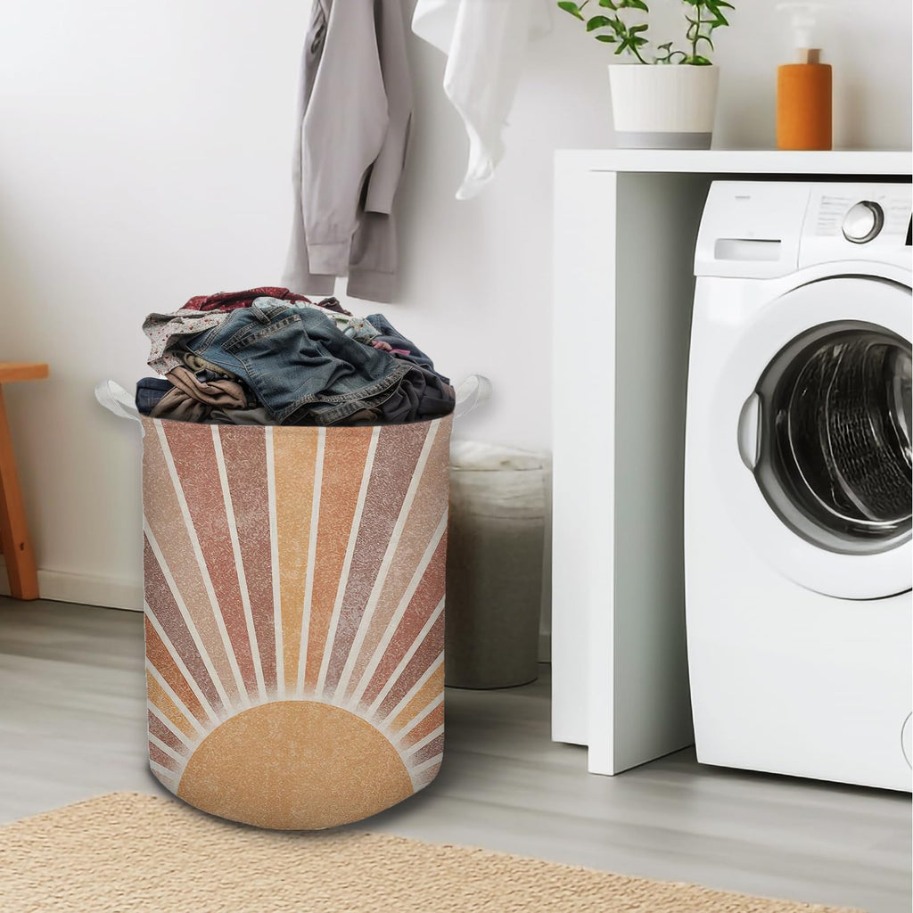 Boho Laundry Basket, Mid Century Modern Boho Neutral Sun Sunshine Waterproof Collapsible Laundry Hamper Dirty Clothes