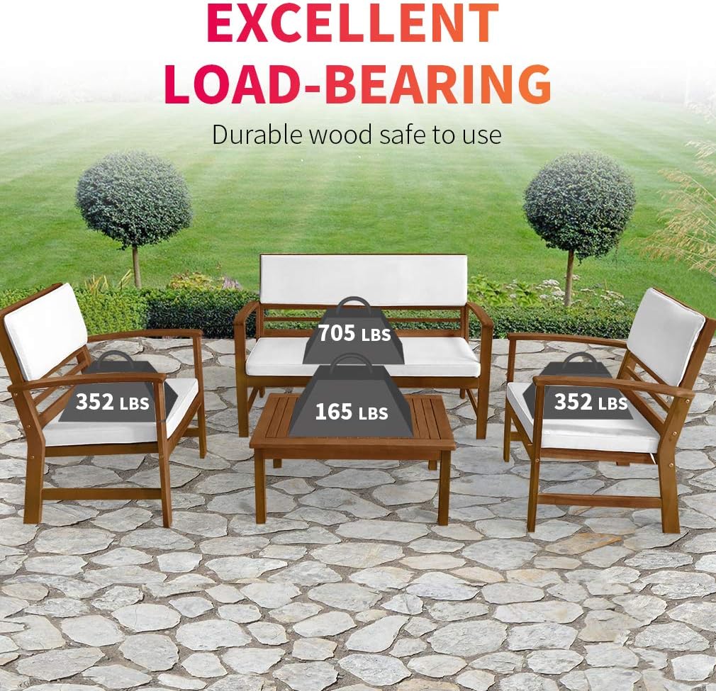 4-Piece Patio Conversation Set Acacia Wood Outdoor Sofa & Chairs with Coffee Table