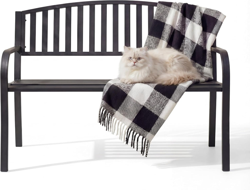 50" Outdoor Garden Bench, Iron Metal Frame Patio Bench with Backrest and Armrests, Weatherproof Anti-Rust Outdoor
