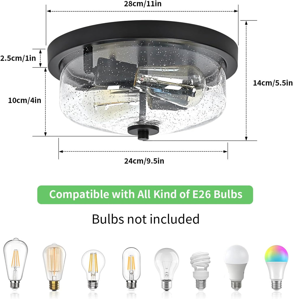 Black Flush Mount Ceiling Light Farmhouse Outdoor Porch Light Fixtures With Seeded Glass Shade