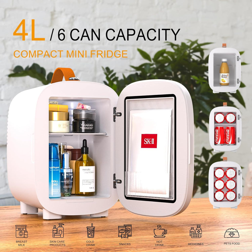 Mini Fridge for Bedroom Mirror Skincare Cooler & Warmer Portable Small Refrigerator 4 Liter/6 can with 12v AC/DC/USB
