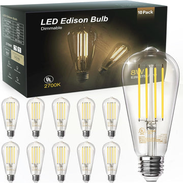 10 Pack Vintage 8W ST58 LED Edison Light Bulbs, Dimmable, 60W Equivalent, 800Lumens, 2700K Warm White, E26 Base LED