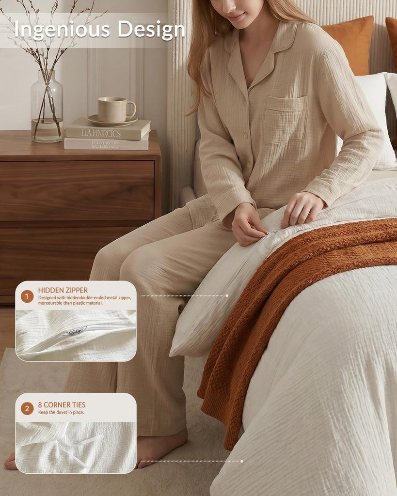 Muslin Duvet Cover, 100% Washed Cotton Duvet Cover Set, Ultra Soft Comforter Cover Linen Like, 3 Pieces