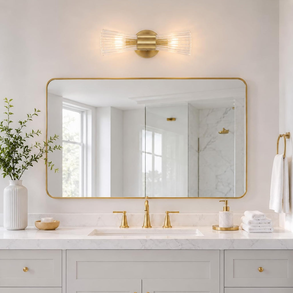 Gold Glass Wall Sconce Light,Mid Century Modern Bathroom Wall Sconces | Ribbed Clear Glass Gold Wall Light,2-Light