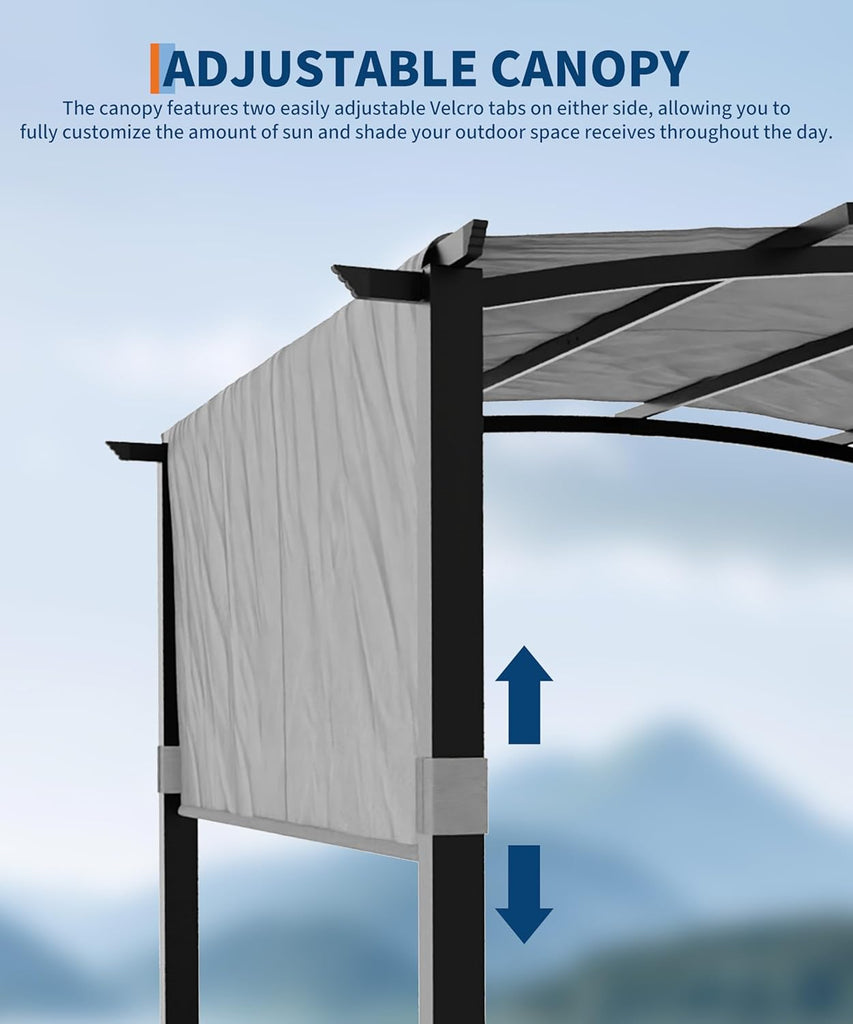 10 ft x 10 ft Outdoor Arched Pergola, Metal Gazebo with Retractable Sun Shade for Backyards, Lawn