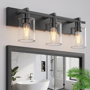 Bathroom Vanity Light,3 Light Matte Black Vanity Light with Thickened Clear Glass Shade, 21 inch Dimmable Modern Wall