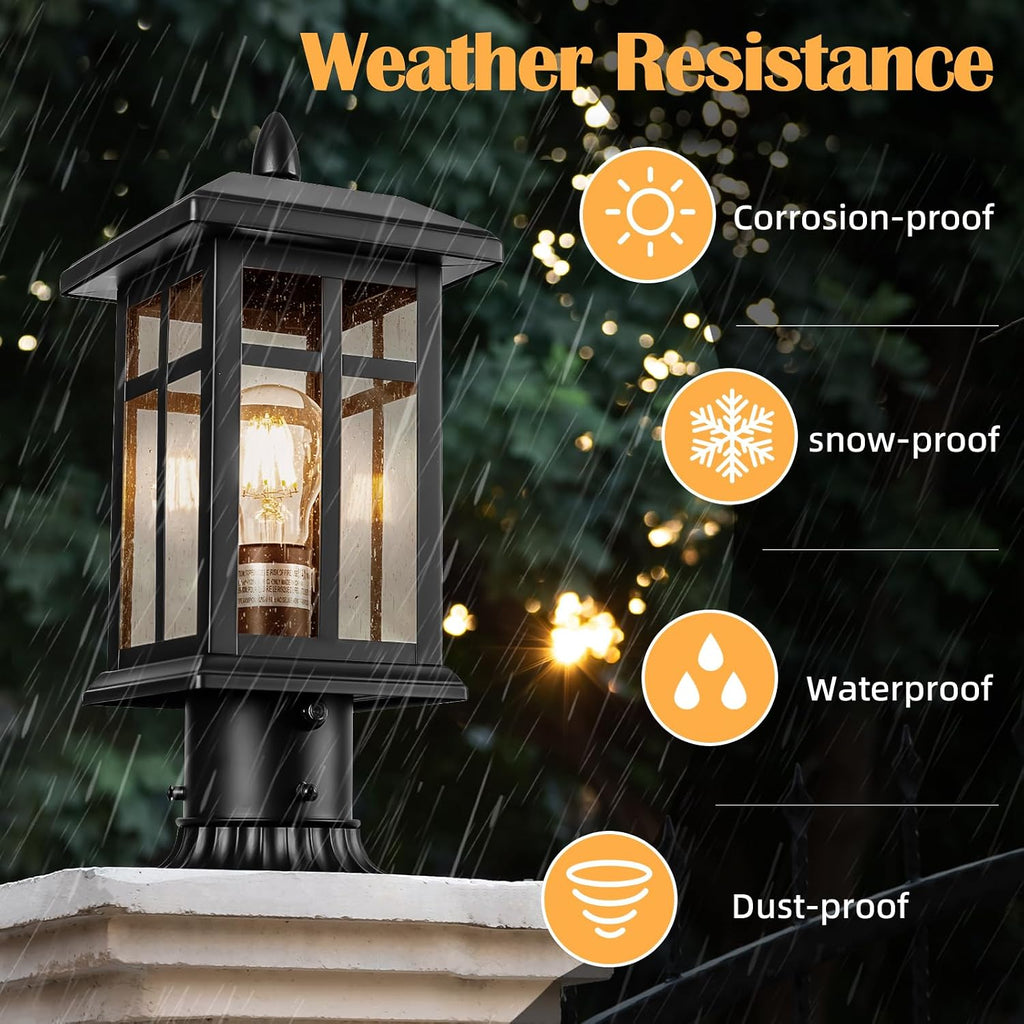 2 Packs Outdoor Post Light, Black Pole Lantern Lighting Fixture with Pier Mount Base