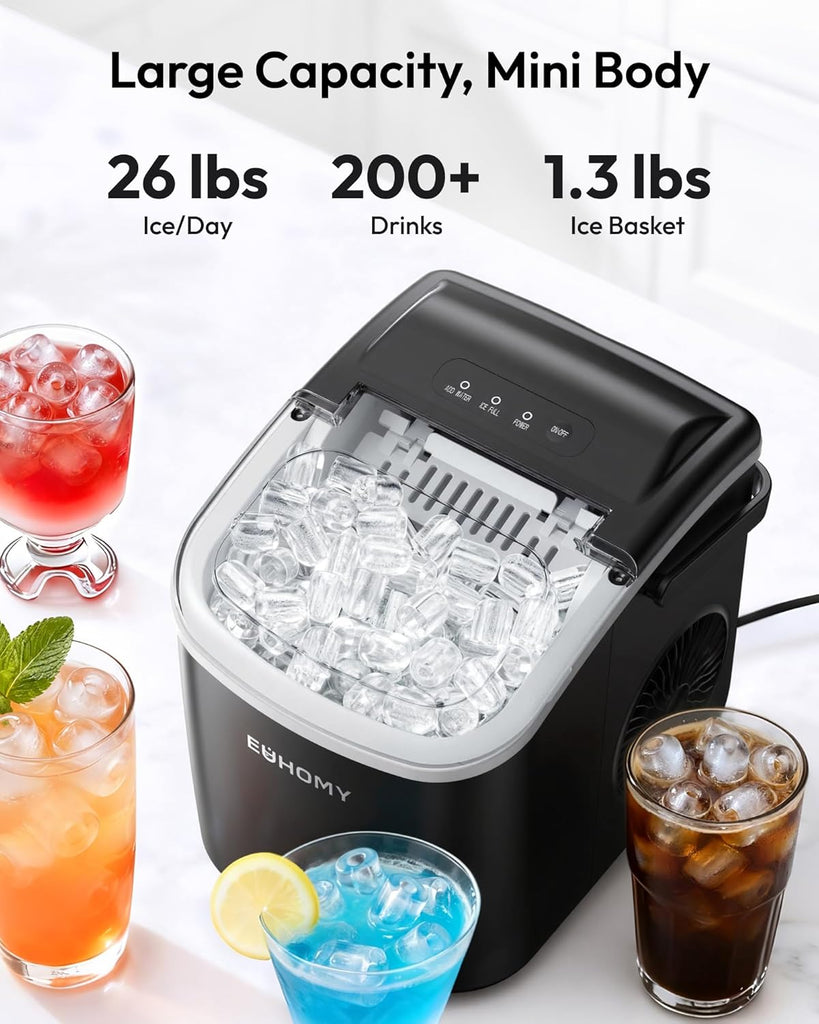 Countertop Ice Maker Machine with Handle, 26lbs Per Day, 9 Bullet Cubes in 6 Mins, Self-Cleaning Portable Ice Maker