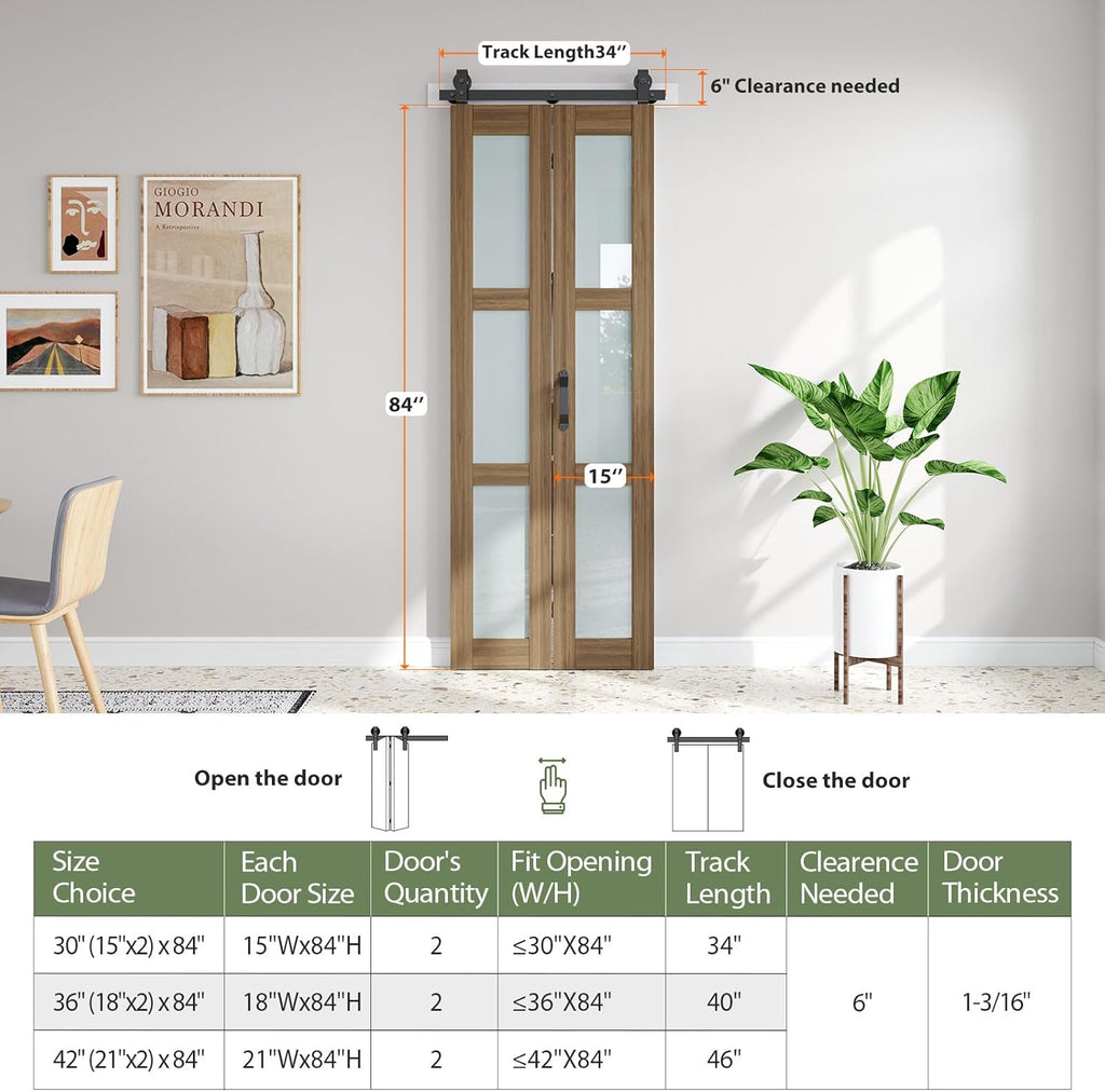 Bifold Barn Doors 30X84 (Double 15x84) with Frosted Glass and Hardware Kit Included, Brown,for Bedro