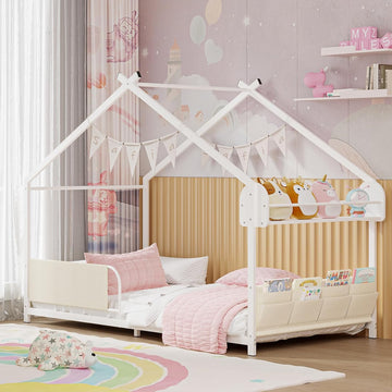 Twin Size House Bed with Storage Rack and Caddy | Montessori House Shape Bed Metal Floor Bedframe for Kids No Box