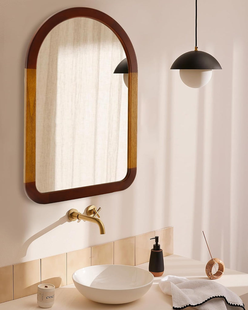 Arched Mirror 24 x 36 Inch,Brown Wood Rustic Bathroom Tempered Wall Mirror with Wood Frame,Round Corner Arch Farmhouse