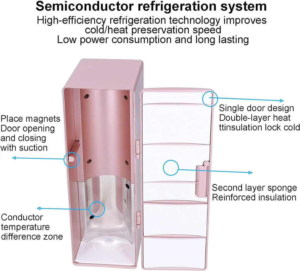 Portable Cooler & Warmer Mini Fridge - 4.7x3.3x9.8" Rose Gold Thermoelectric Mini Fridge for Skincare, Cosmetics