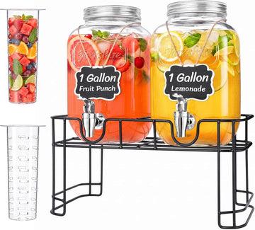 Gallon Glass Drink Dispenser with Stand & Fruit Infuser - Set of 2