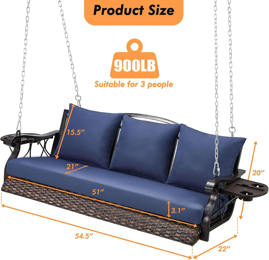 3-Person Wicker Porch Swing Chair Heavy Duty 900 LBS Outdoor Rattan Patio Swing Chair w/Cup-Holder & Steel Chains