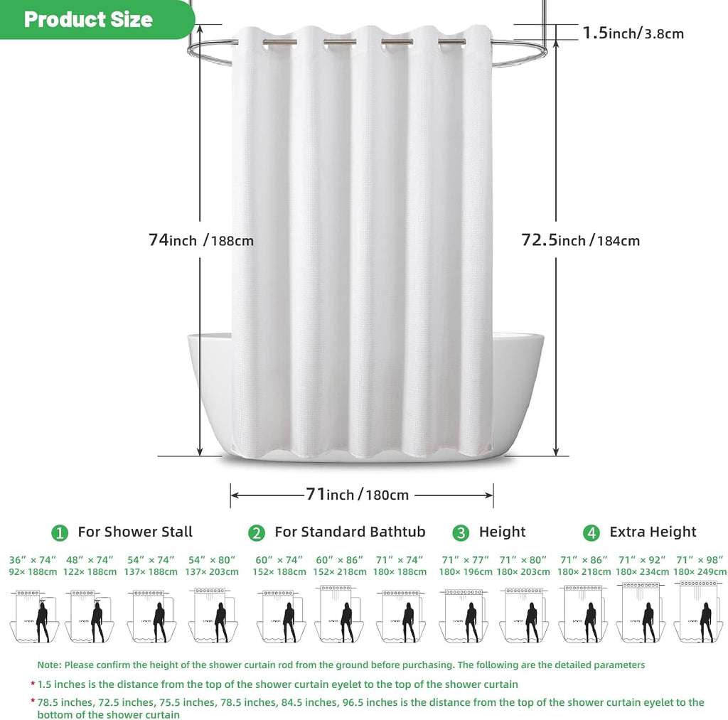 No Hook Waffle Shower Curtain, No Liner Needed, 71x74 Inch, White | 100% waterproof TPU-laminated backing, magnetic