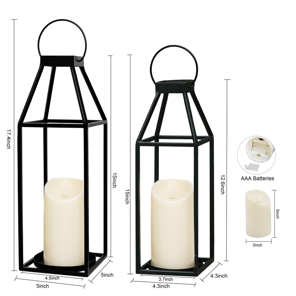 HPC Decor Black Metal Candle Lanterns Set of 2- Lanterns Decorative with Flickering Timer Candles- 17.4'' & 15''