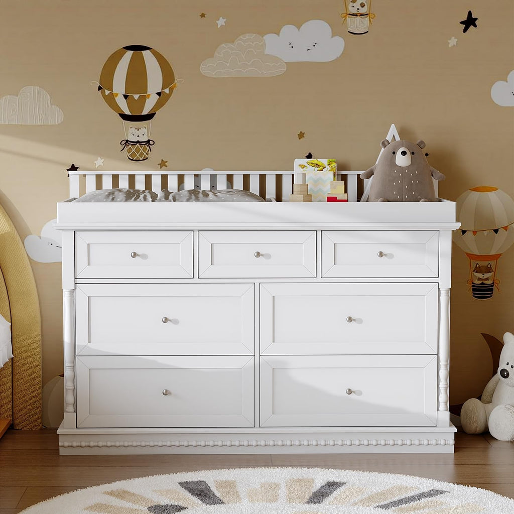 56.5" Baby Dresser with Removable Changing Table Top, Large White Dresser with 7 Storage Drawers, Baby Changing