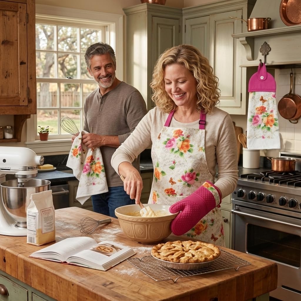 4-Piece Kitchen Linen Set, Apron, Oven Mitt & Towel Gift | Complete 4-piece cotton kitchen linen set designed for