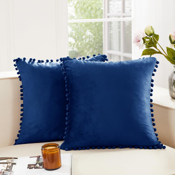Velvet Pom Pom Throw Pillow Covers for Couch, Invisible Zipper