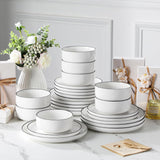 Plates and Bowls Sets, 24 Pieces Modern Porcelain Dinnerware Set for 8 White Kitchen Dinner Dining Ware Set wtih Black
