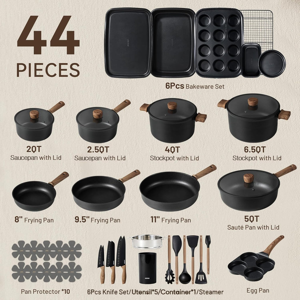 44pcs Pots and Pans, Nonstick Cookware Set with Bakeware | Induction Kitchen Cooking Set, Durable, Easy Food Release