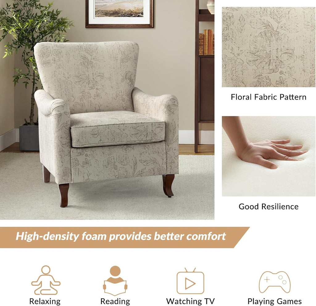 Floral Accent Chair, Modern High Back Armchair with Wooden Legs, Comfy Wingback Chair Upholstered Accent Single Sofa