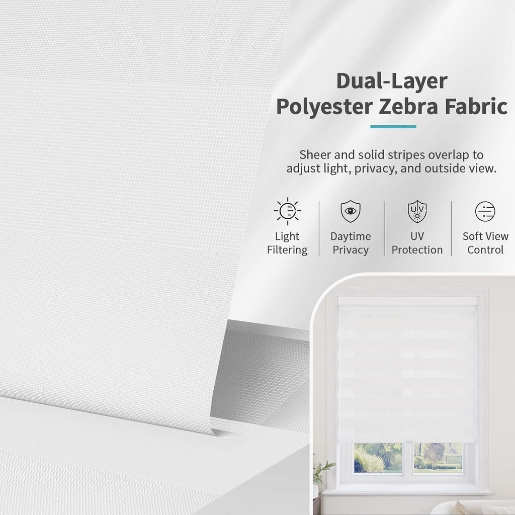 Cordless Zebra Blinds for Windows with Free-Stop(White,24" W x 72" H) Dual Layer Shades for Day & Night Privacy and