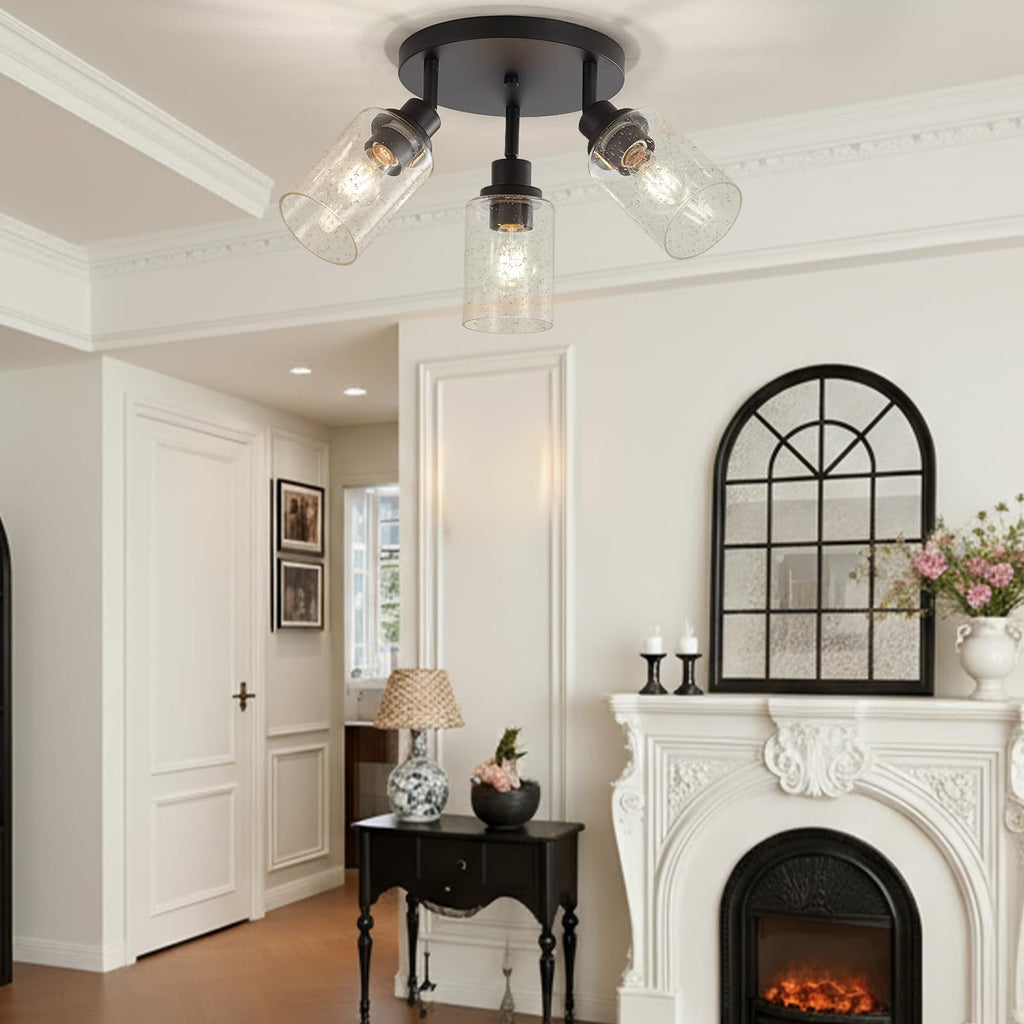 Track Lighting with Rotatable Light Heads, Black Ceiling Track Lighting Fixtures with Seeded Glass Shade