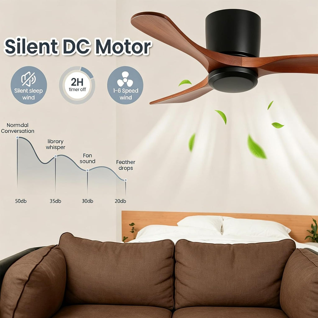 42 Inch Wood Ceiling Fan Without Light - Flush Mount, Remote Control, 3 Blade 6-Speed Reversible DC Motor, Noiseless Timer