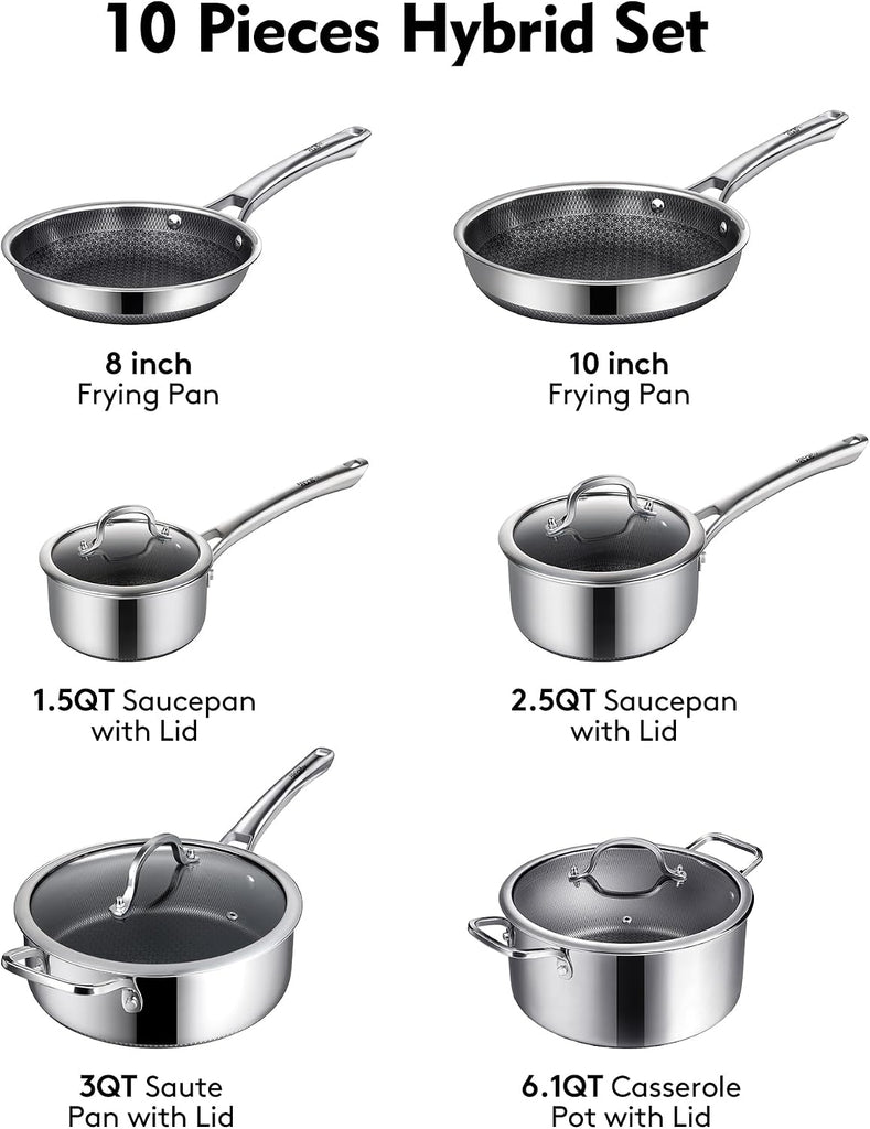 Pots and Pans Set Non Stick | Stainless Steel Kitchen Cookware | 10 Pcs | PFOA Free | Hybrid | Induction Compatible |