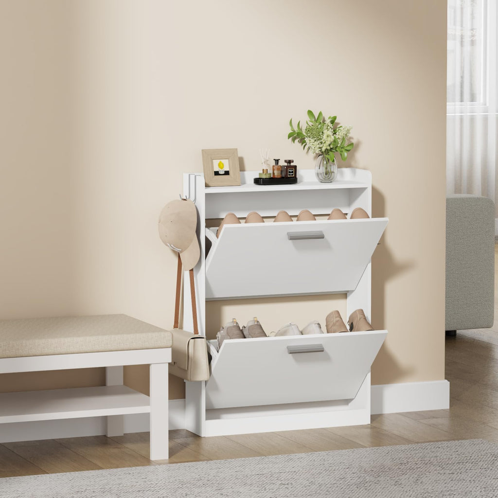 Slim Shoe Cabinet with 2 Flip Drawers, 23.6" W White