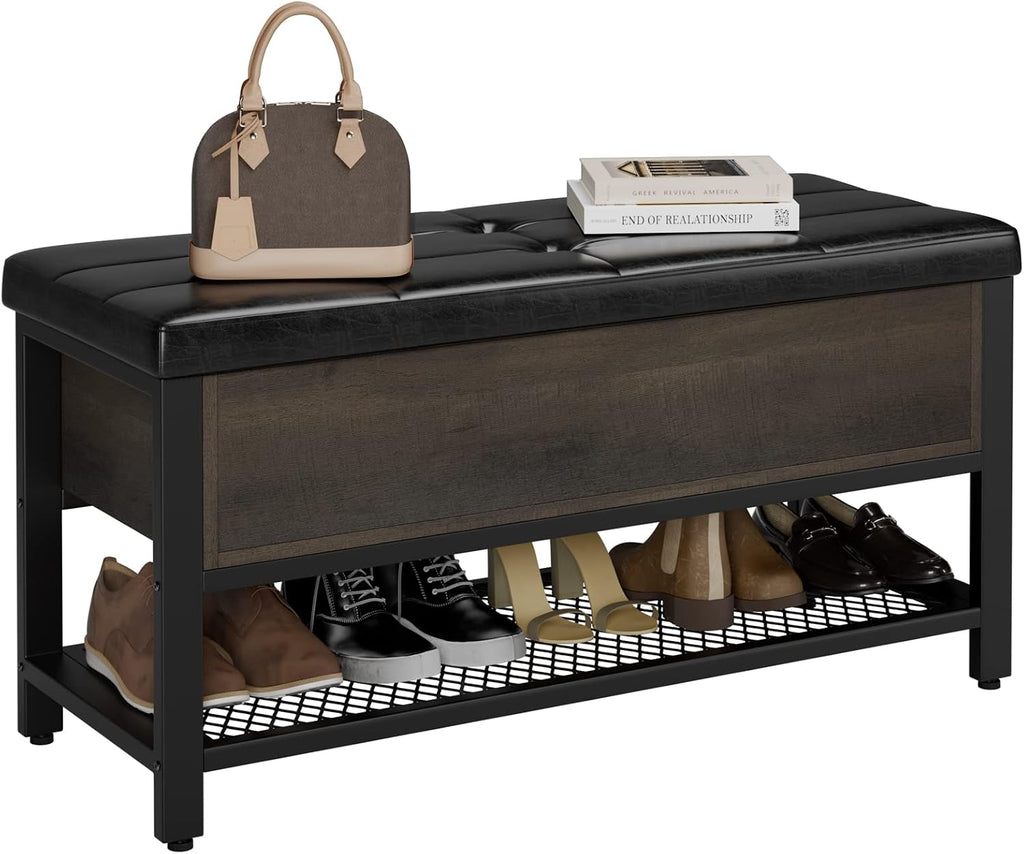 40" W Storage Bench, Entryway Shoe Bench with Cushion, Dark Brown | Wood Metal Bench with Flip-Open Hidden Storage