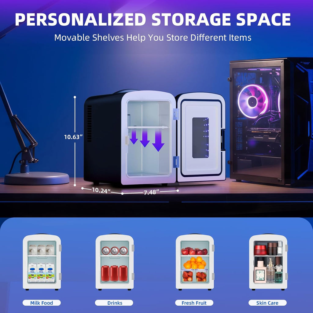 Mini Compact Refrigerator with Gaming Light, 4L Capacity/6 Cans Portable Mini Fridge, for Bedroom,Car,Office and Dorm