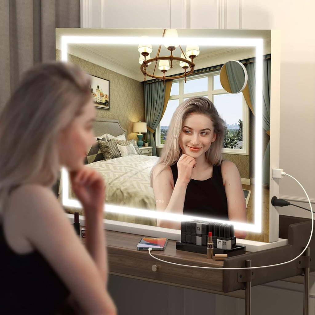 Vanity Mirror with Lights, 28" x 20" LED Makeup Mirror, Lighted Makeup Mirror with Dimmable 3 Modes, Touch Screen