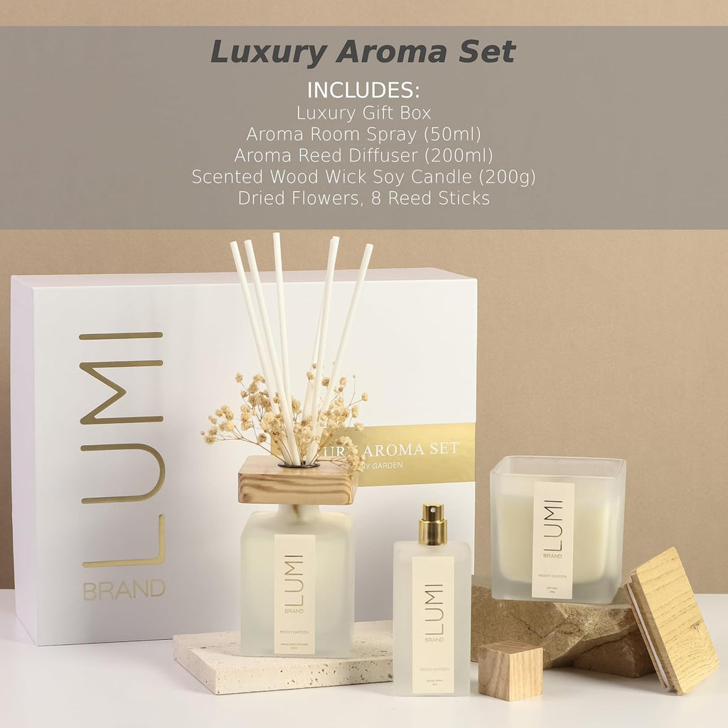 Luxury Aroma Gift Set | Peony Garden Scent - Reed Diffuser (200ml), Soy Candle (200g), Room Spray (50ml)