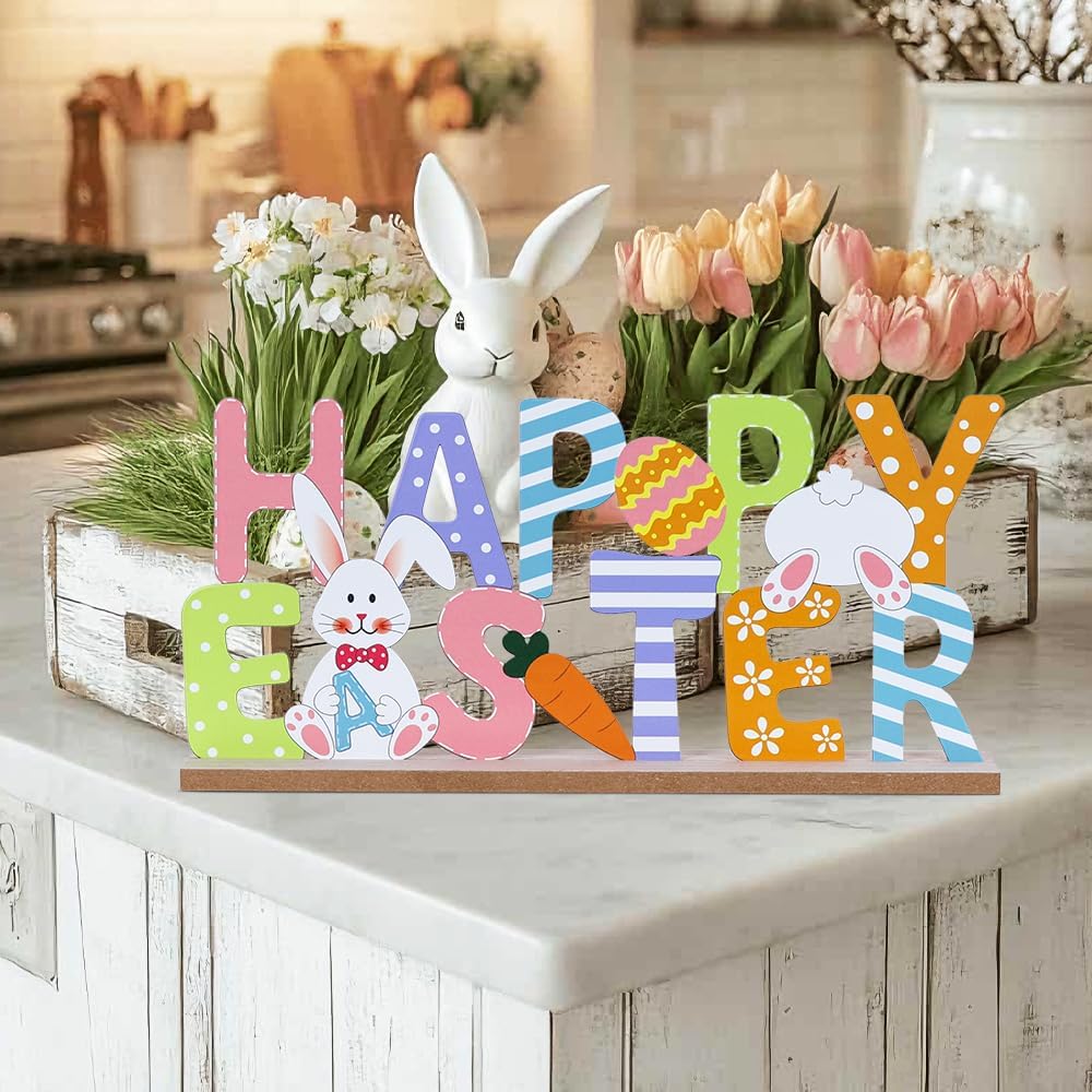Easter Decorations, Wood Metal Happy Easter Sign for Table Decor, Farmhouse Rustic Easter Bunny Decorations, Mantel