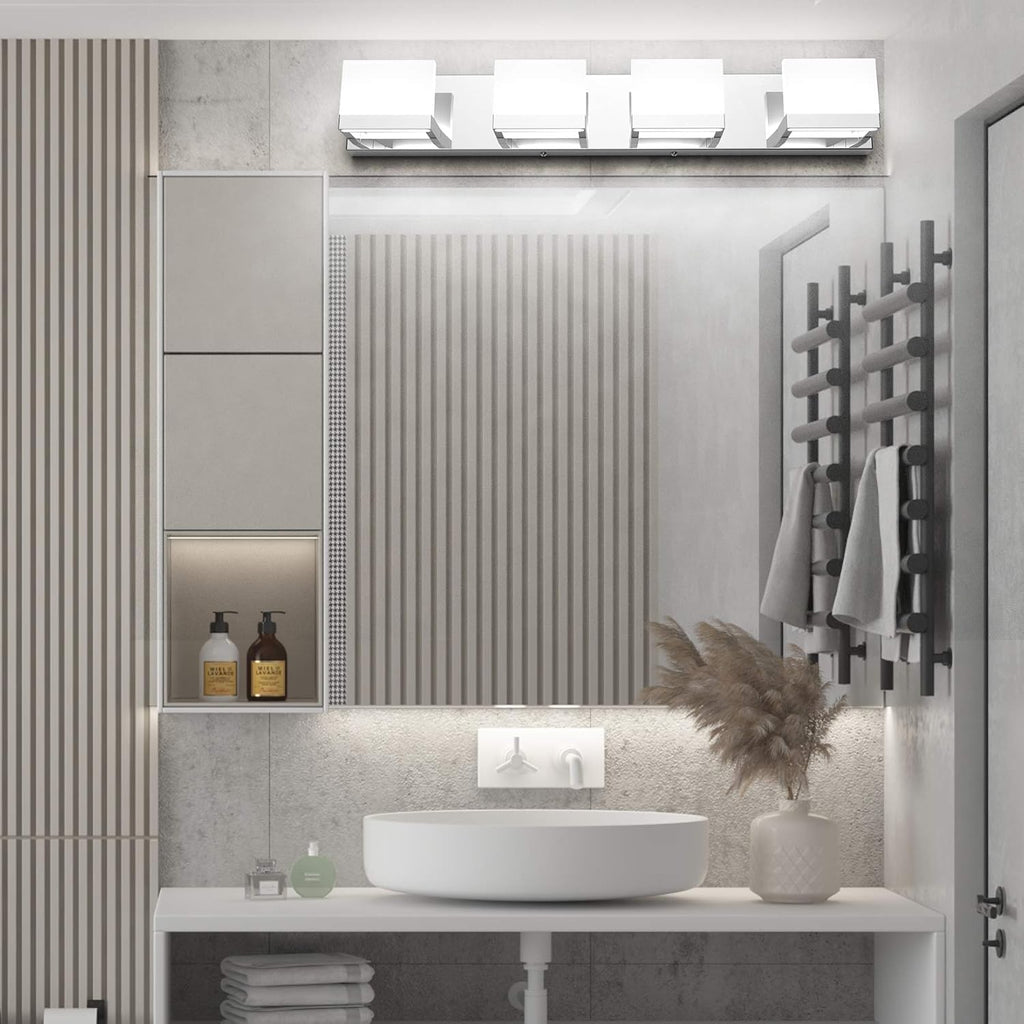 Dimmable Modern 4 Lights LED Vanity Light Up and Down Chrome Bathroom Wall Light Fixtures Over Mirror(White Light