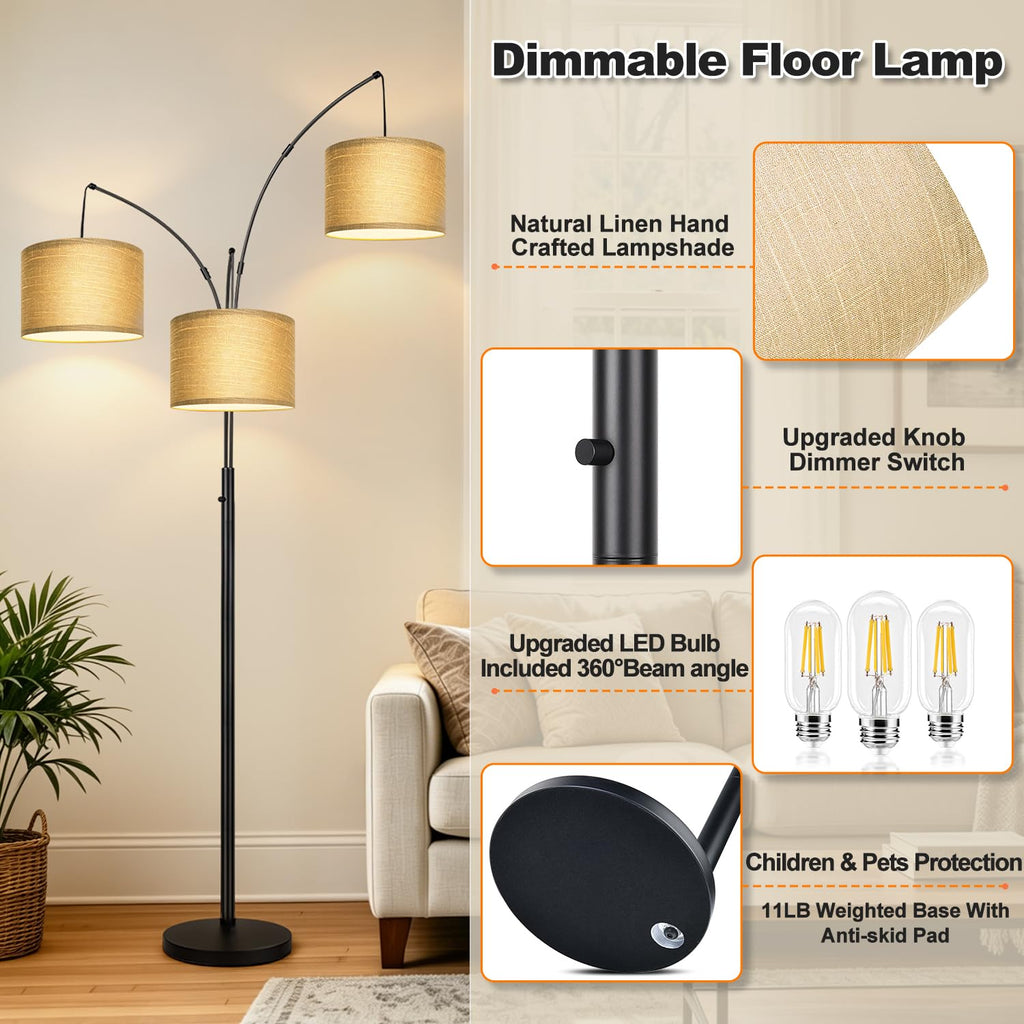 Dimmable Floor Lamp, 3 Lights, Gold Arc, Champagne