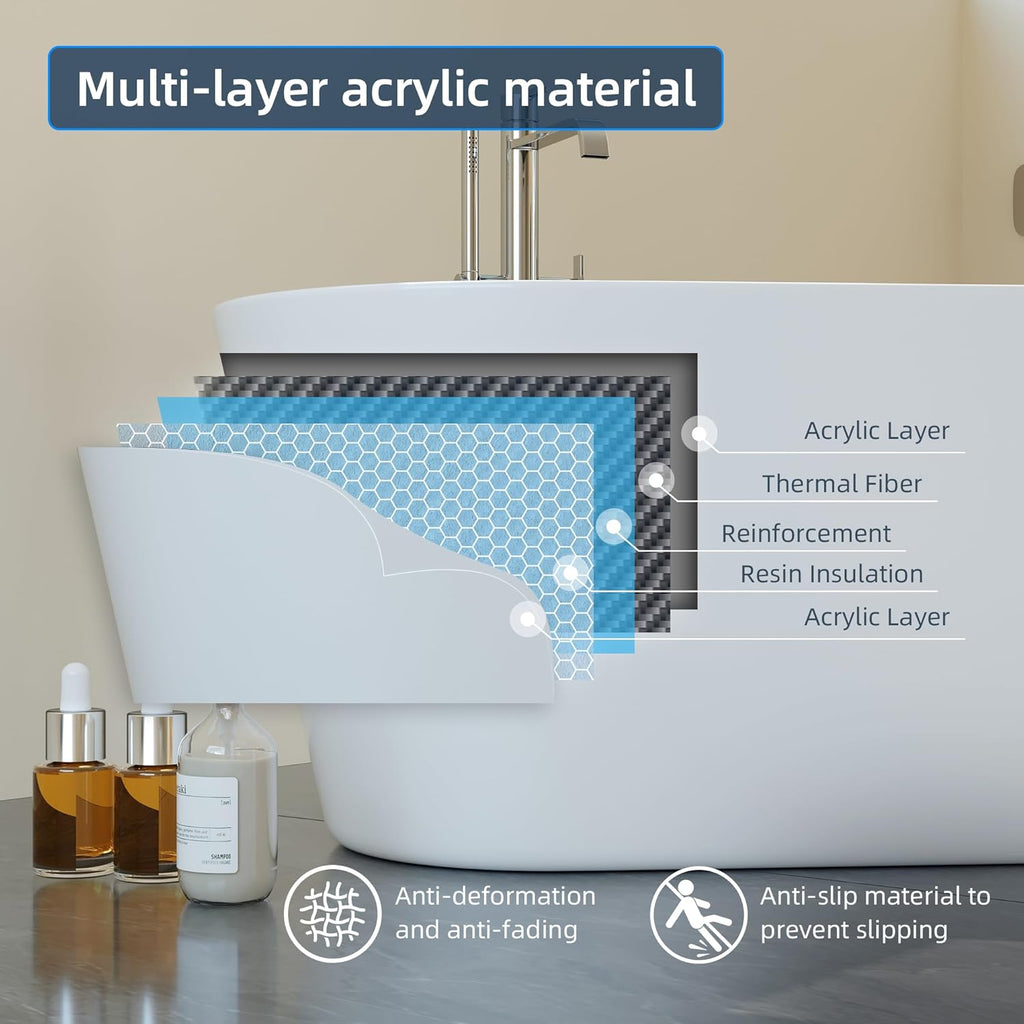 Acrylic Freestanding Bathtub, Deep Soaking Tub with Non-Slip Base, CUPC Certified Free Standing Tub, Chrome Drain