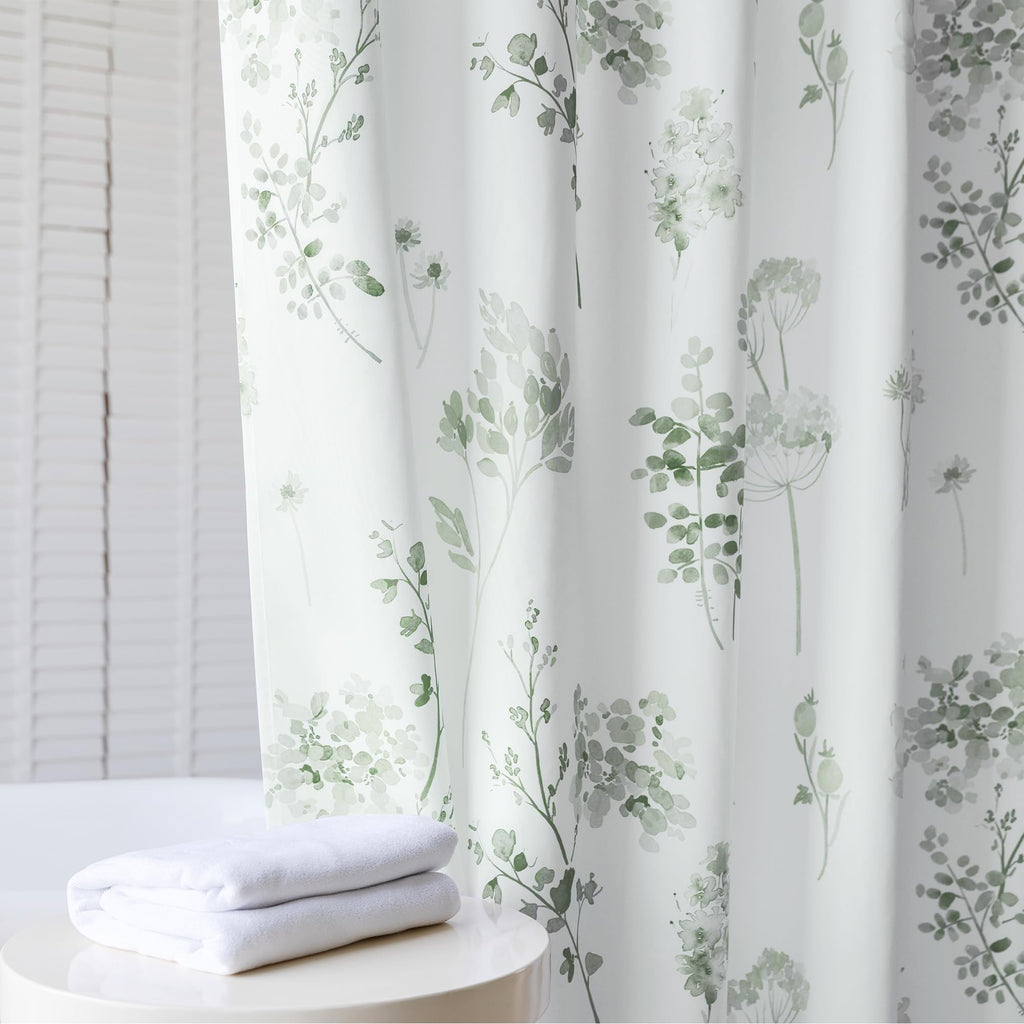Extra Long 84 Inch Shower Curtains, Fabric Waterproof White and Sage Green Boho Floral Pattern Farm House