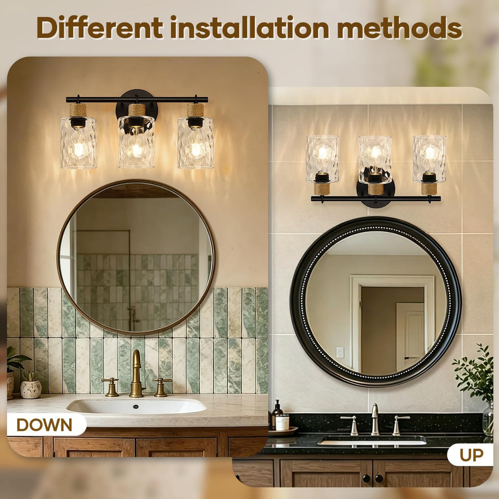Bathroom Light Fixtures, 3-Light Coastal Vanity Lights with Crystal Glass Shade, Black Bathroom Wall Lamp for Mirror