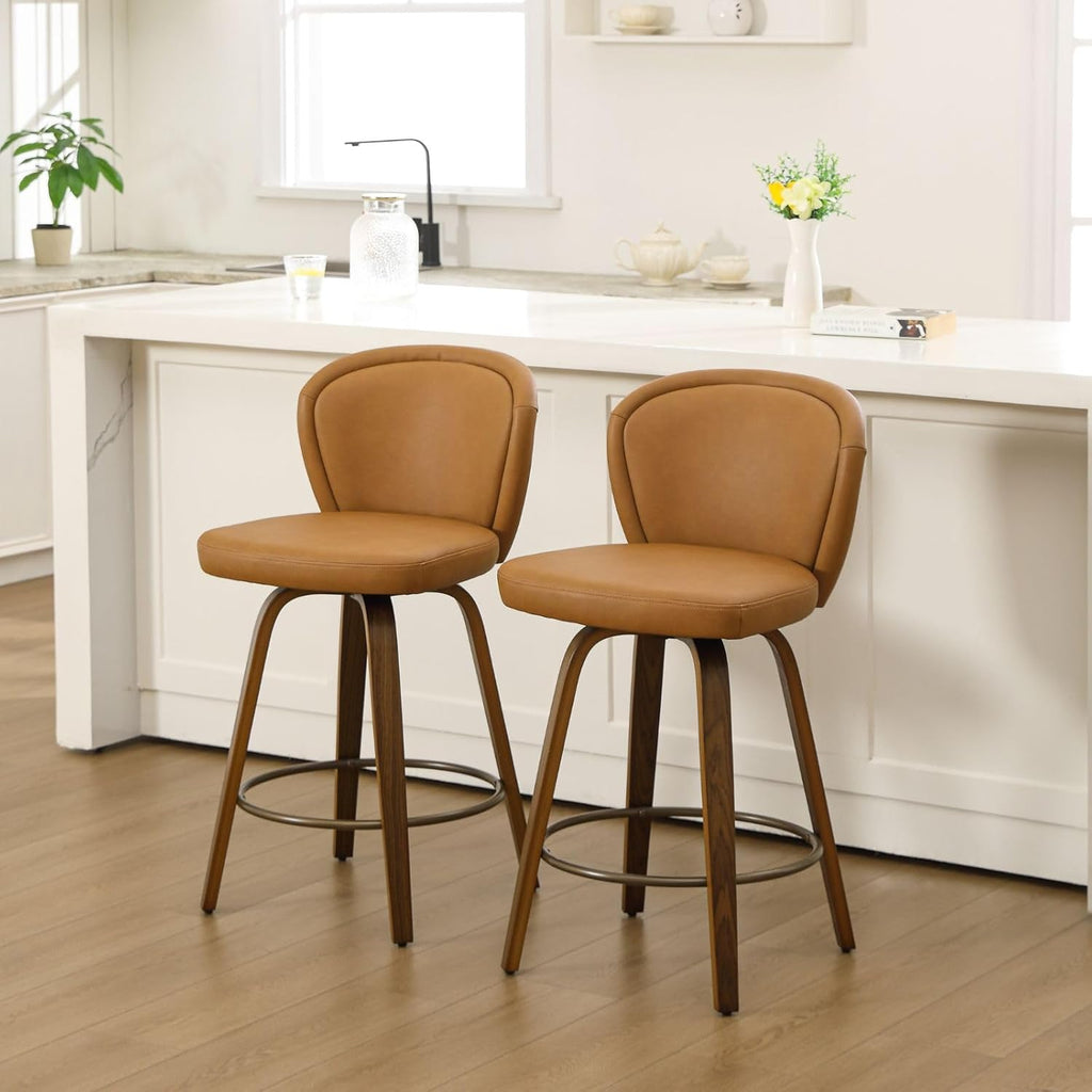 Swivel Counter Height Bar Stools Set of 6, 26 Inch Barstools with Wanlut Wooden Leg and Back, Faux Leather