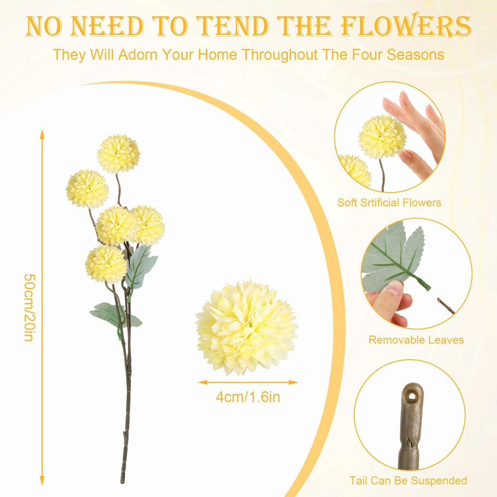 Artificial Mums Faux Stem Kiku Yellow Flowers for Vase 20" | 12 Bundles Fake Chrysanthemums for Fall Decor, Lifelike