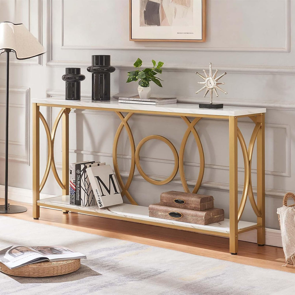 Sofa Console Table, Modern Gold Console Table with Faux Marbled Tabletop, Engineered Wood Entryway Tables with 2 Tier